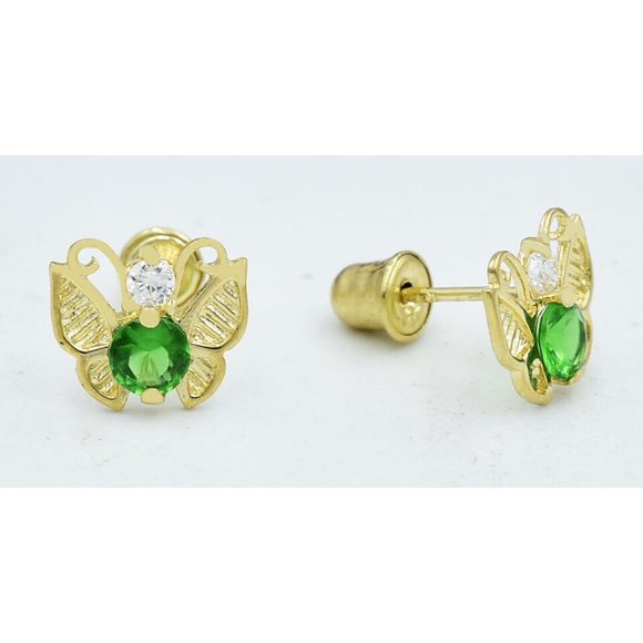 Created Emerald & W/sapphire Butterfly Stud Earrings 14k Gold